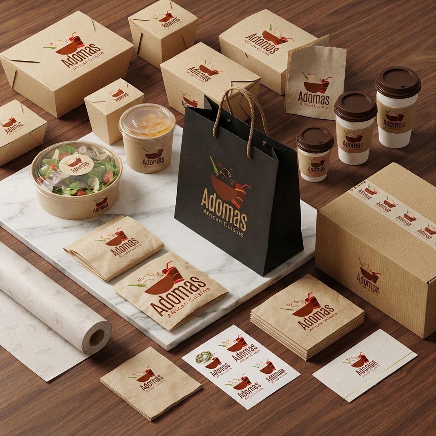 Adoma's African Cuisine packaging and brand application suite