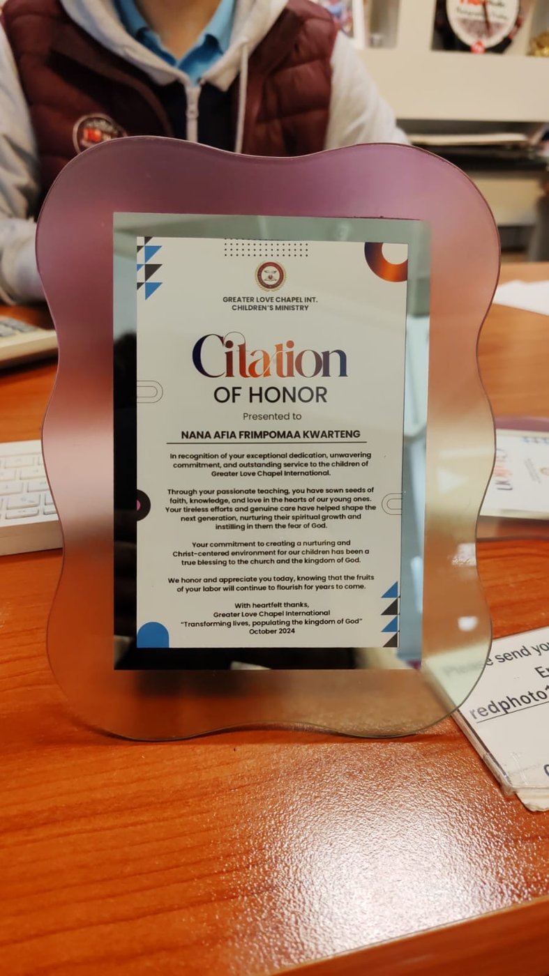 Greater Love Chapel International Children's Ministry citation of honor