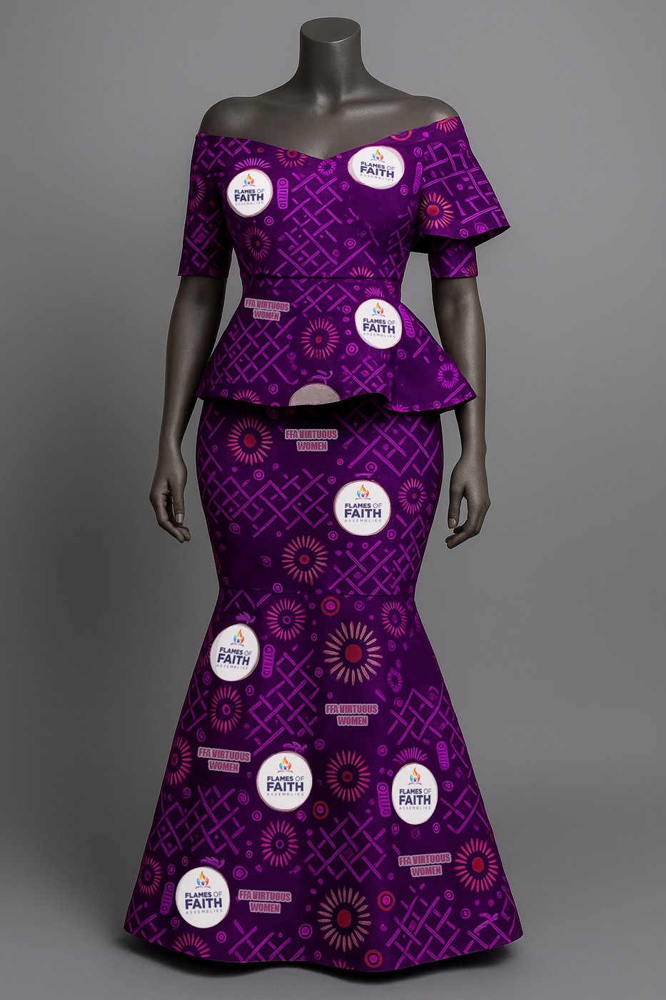 Flames of Faith Virtuous Women branded dress fabric design