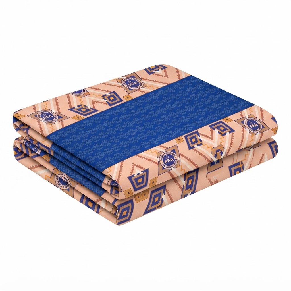 Flames of Faith folded branded fabric, peach and navy pattern