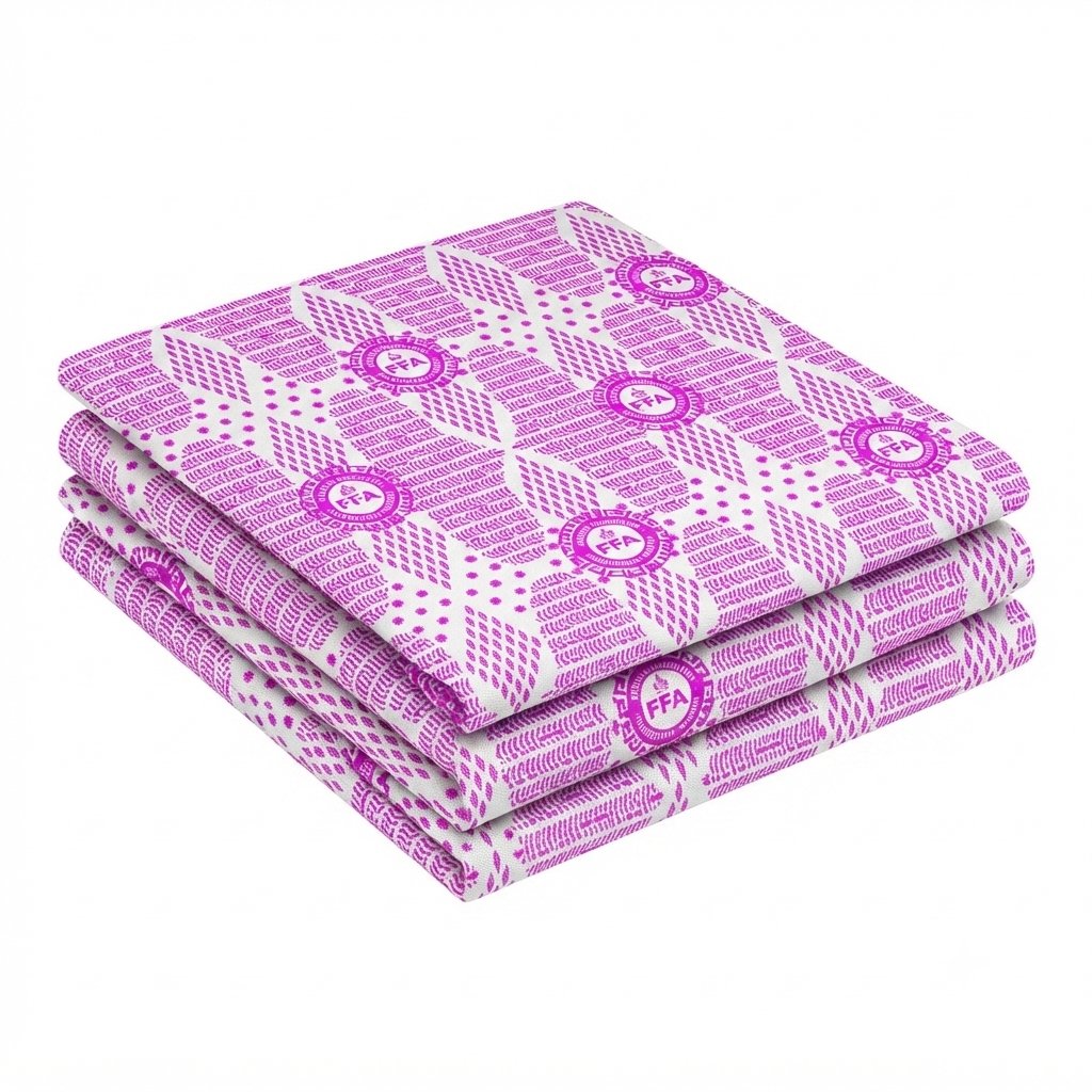 Flames of Faith folded branded fabric, pink and magenta pattern