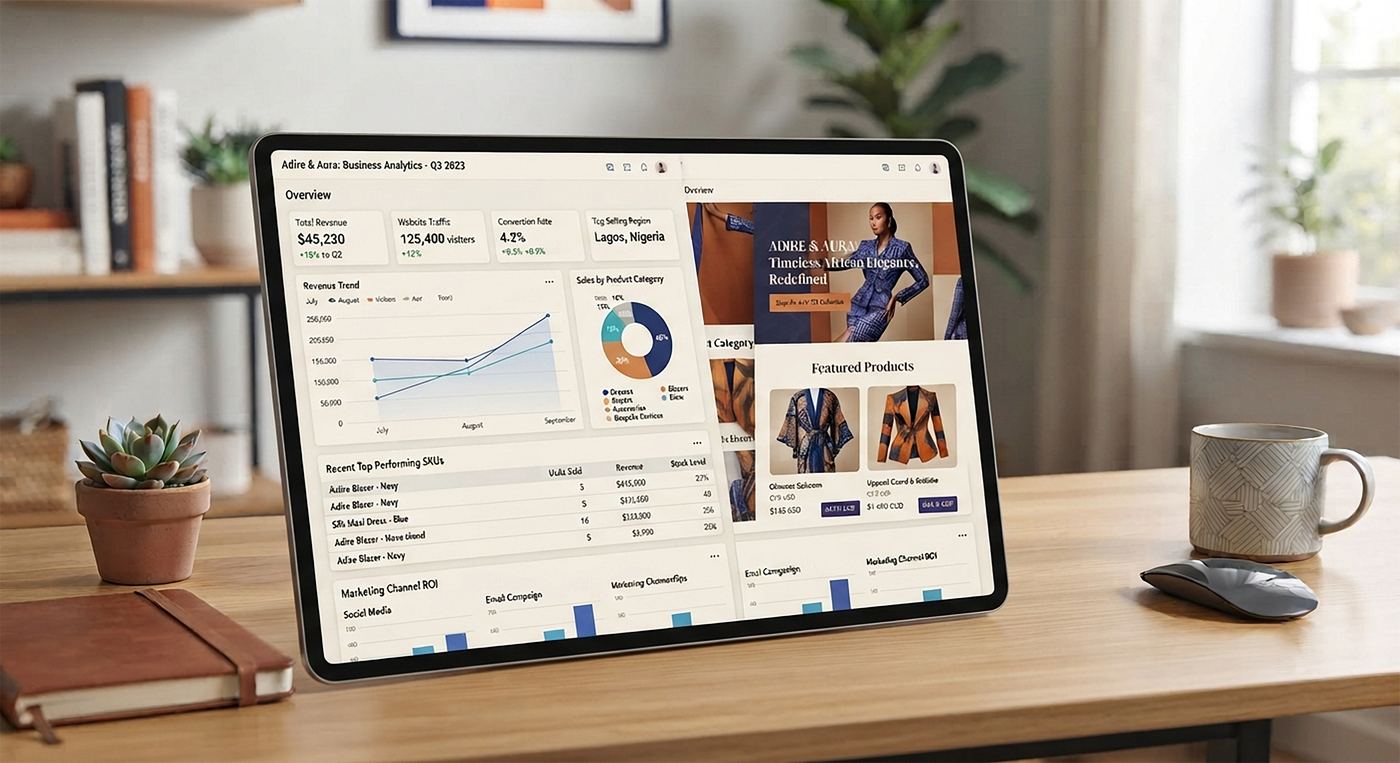 Adire and Aura business analytics dashboard showing revenue trend and top SKUs